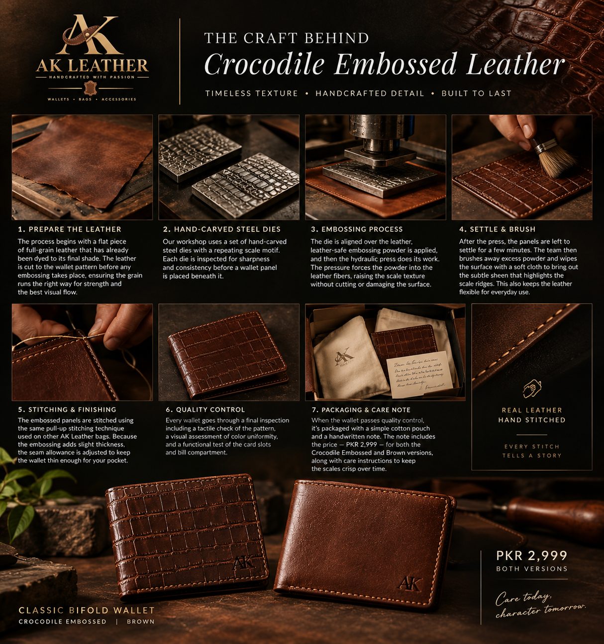 Behind the emboss: how AK Leather creates its crocodile‑pattern wallets
