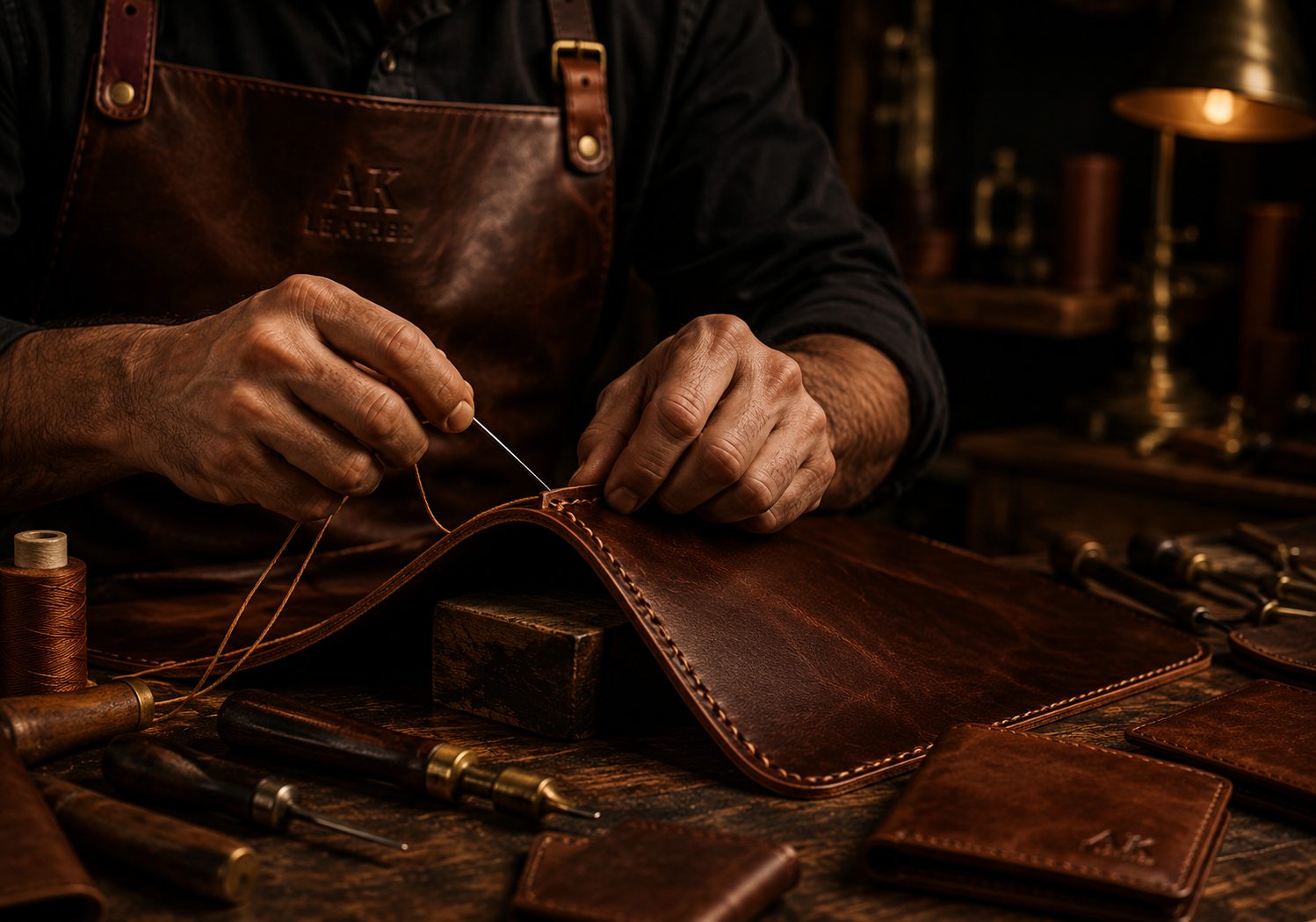 Artisan hand-stitching leather in our Karachi workshop