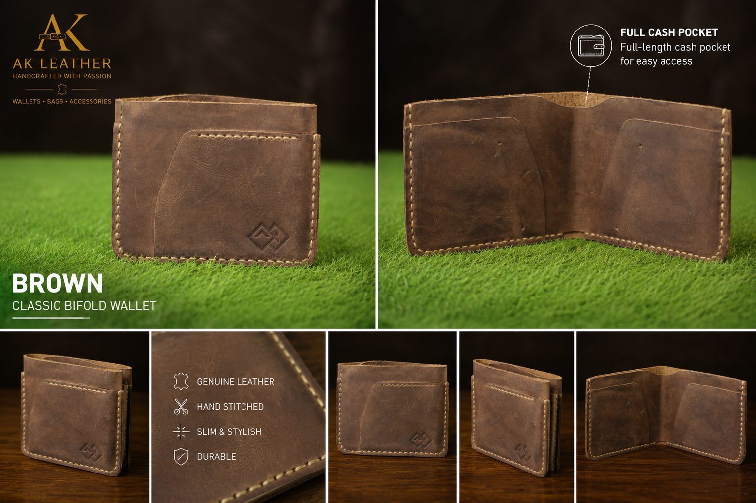 Classic Bifold Wallet in genuine brown leather — AK Leather