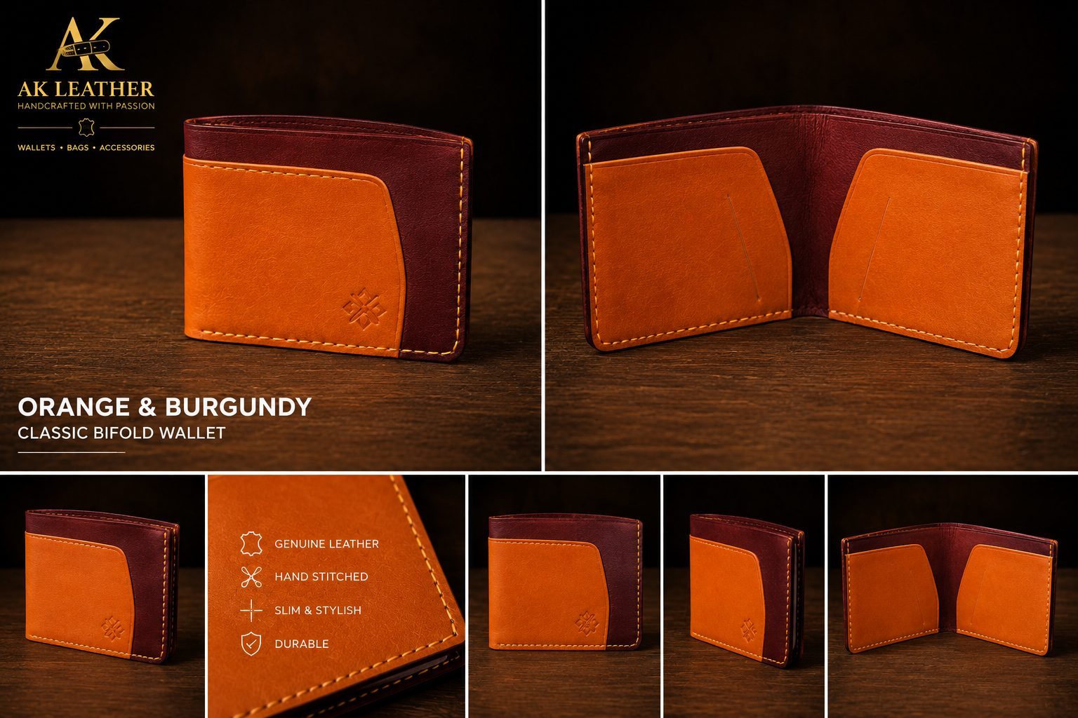 Classic Bifold Wallet in Orange & Burgundy leather — AK Leather