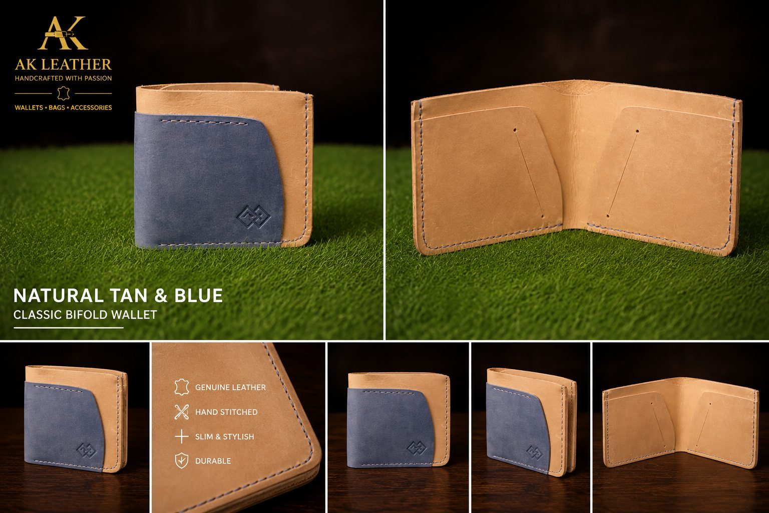 Classic Bifold Wallet in Natural Tan & Blue leather — AK Leather