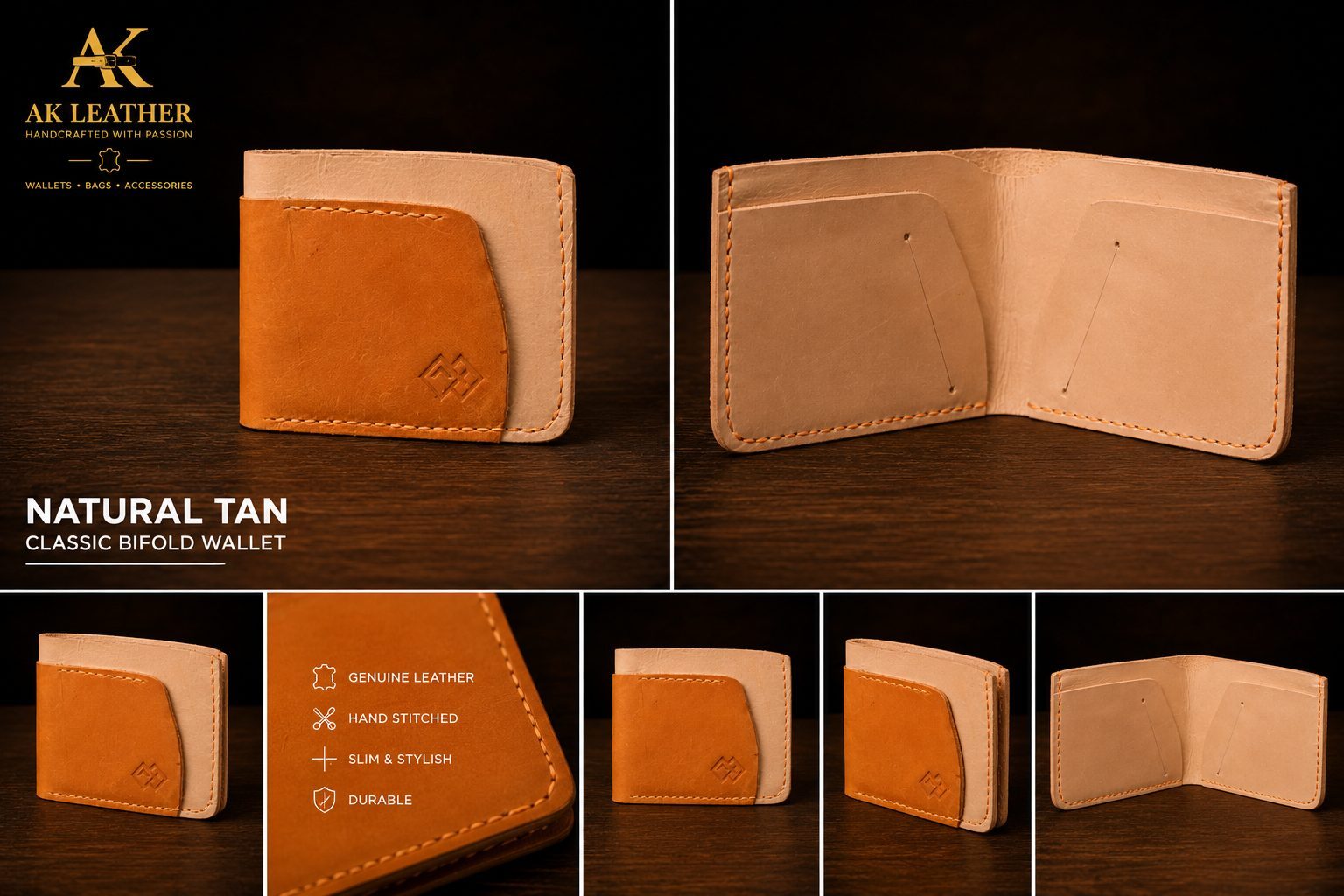 Classic Bifold Wallet in Natural Tan leather — AK Leather